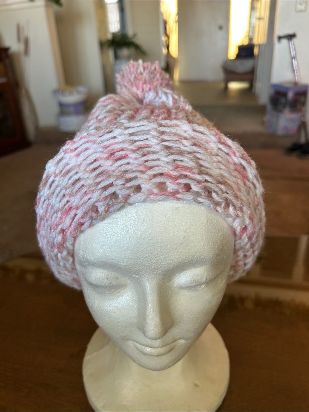 Hand-Knit Pink and White Pom Beanie - Women Accessories